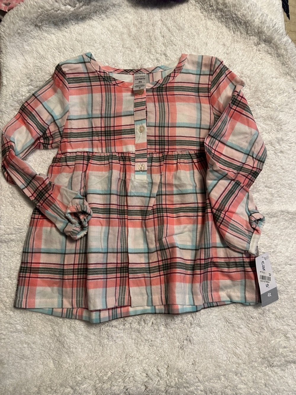 Carter's Coral & Aqua Plaid Long-Sleeve Peasant Top